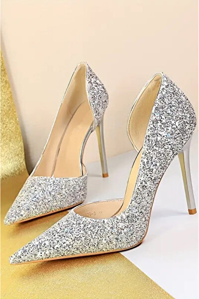 TrendyAnka Lady Gümüş Nude Kristal Taşlı Cam Kırığı 8 Cm İnce Topuklu Düğün Nişan Gece Abiye Ayakkabı