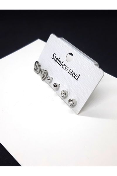 Set Stainless Steel (3 Pairs) Earring Set (Heart-Top-Text)