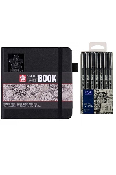 Art Tone 140Gr 12X12Cm Sakura Sketchbook - Hard Cover, Off-White Paper + Set of 7 Kraf Technical Drawing Pencils