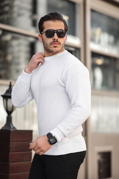 CAN Men's Slim Fit Slim Fit Soft Textured White Crew Neck Knitwear Sweater
