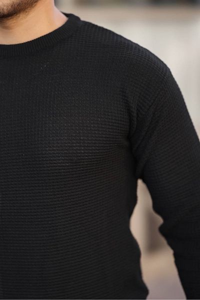 CAN Men's Slim Fit Slim Fit Soft Textured Black Crew Neck Knitwear Sweater