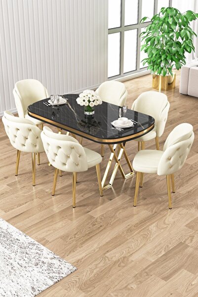 Canisa Zae Serisi 90x168 Lak Panel Siyah Mermer Desen Gold Ayak Masa Takımı 6...