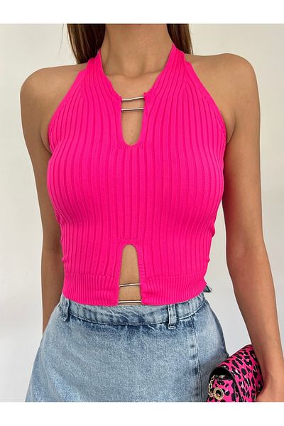 Modamorfo Tricotaj cu nervuri cu mâneci zero, cu detalii metalice - fucsia