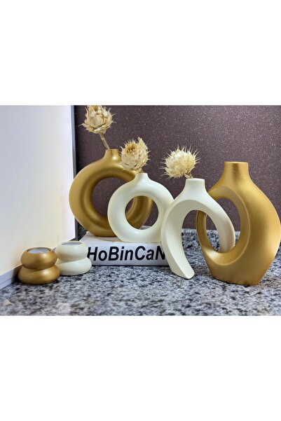BLANJ Altın -Krem sevgili vazo set dekoratif halka mumluklu set