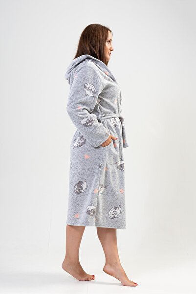 VİENETTA Women's Plus Size Long Hooded Gray Fleece Dressing Gown C8T9N1O302