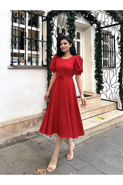 KÜÇÜĞÜM BUTİK Φόρεμα Κόκκινο Crepe Midi Μήκος Flared με μανίκια καρπούζι