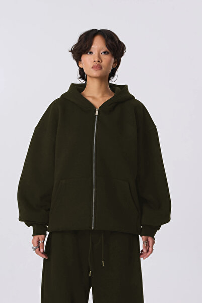 BayBayan Дамски мъжки каки суитшърт с цип и 3 нишки