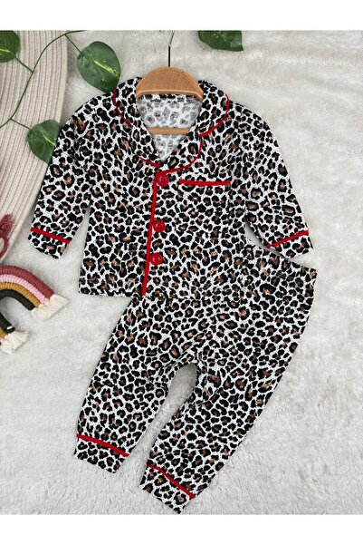 Minizade Leopard Print Buttoned Baby Girl/Child Pajamas Double Set