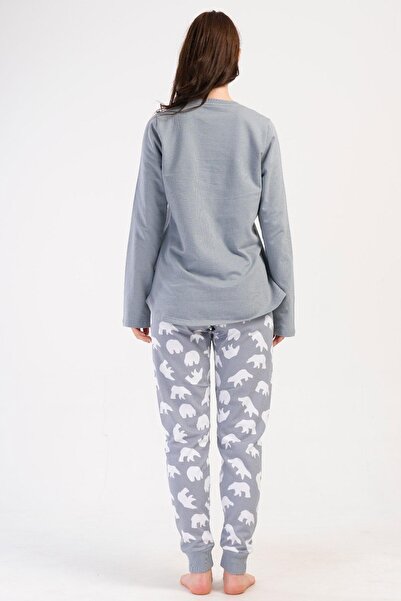 VİENETTA Women's Plus Size 2 Thread Long Sleeve Gray Pajamas Suit C6T3N0O304