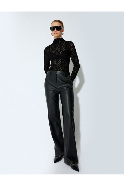 Koton X Sibil Çetinkaya - Baggy Straight Leg Faux Leather Trousers with Pockets