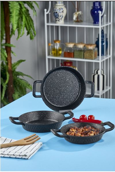 Leony 3 Pieces Sahan Pan Set 18 Cm-20 Cm-22 cm Black Casting Granite Coating Heavy Duty Thick Fireproof Nonstick