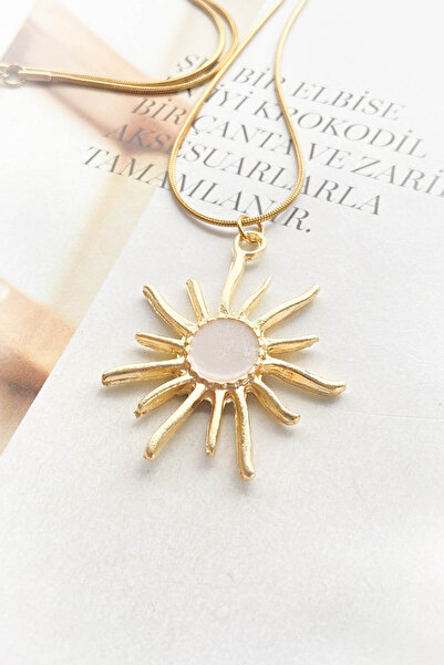 roshel Çelik Altın Renk Mineli Güneş Model Kolye 4 Farklı Renk Seçeneği