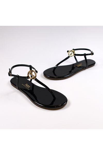 Tkees Sandale cu cataramă elegantă, neagră, din piele lăcuită