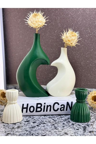 BLANJ Green-Cream Colored Heart Hugging Vase and Candle Holder