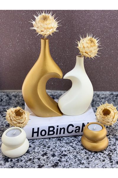 BLANJ Sweetheart Hugs with Heart Vase and Candle Holder Gold Cream Cubuk Candle Holder