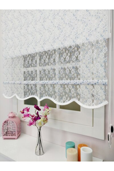 atölyeperde Atölye Perde Çiftli Sistem Yeni Beyaz-Mavi Papatya Dantel Series ...