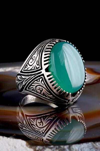 Diriliş Takı Kalem Desenli Yeşil Akik Taşı Gümüş Yüzük