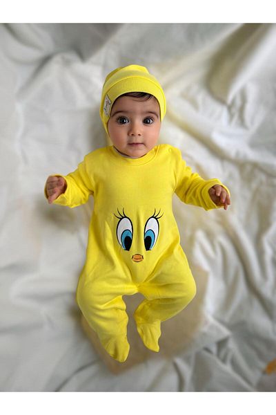 Minizade Tweety Print 100% Cotton Hat Unisex Jumpsuit Set