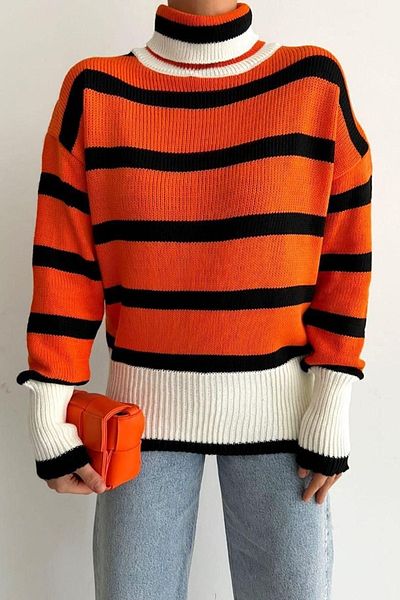 lovebox Women's Striped Design Turtleneck Oversize Orange Knitwear Sweater 0243