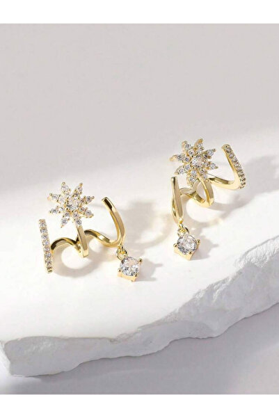 AychaAksesuar Çelik tek delik çoklu görünüm çiçek detaylı sarkıt taşlı küpe