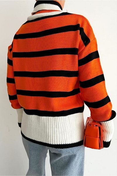 lovebox Women's Striped Design Turtleneck Oversize Orange Knitwear Sweater 0243