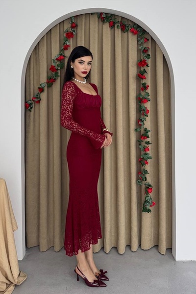 lovebox Burgundy Midi Evening Dress - Guipure, Tulle Sleeves and Square Neckline, Gathered 209