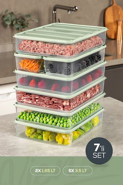 Vienev 7-Piece Refrigerator Freezer Organizer and Storage Container Mint 5X(3.5Lt) 2X(1.65Lt)