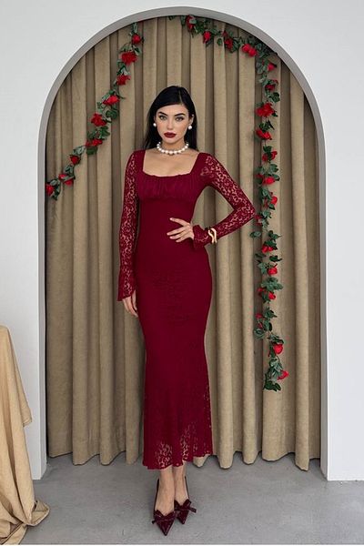 lovebox Burgundy Midi Evening Dress - Guipure, Tulle Sleeves and Square Neckline, Gathered 209