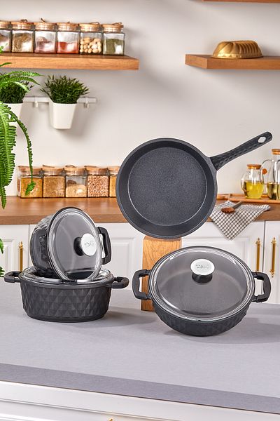 Taç Carabella 7-Piece Black Cookware Set - Induction Base Glass Lid