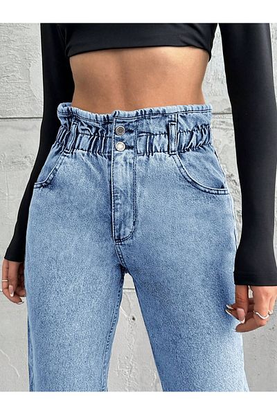 SHEVEGA Women's Light Blue Belt Drawsting Elastic Mom Jeans Pants