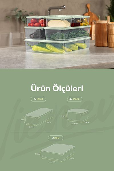 Vienev 9-Piece Refrigerator Freezer Organizer and Storage Container Mint 6X(350ml) 2X(1.65Lt) 1X(3.5Lt)