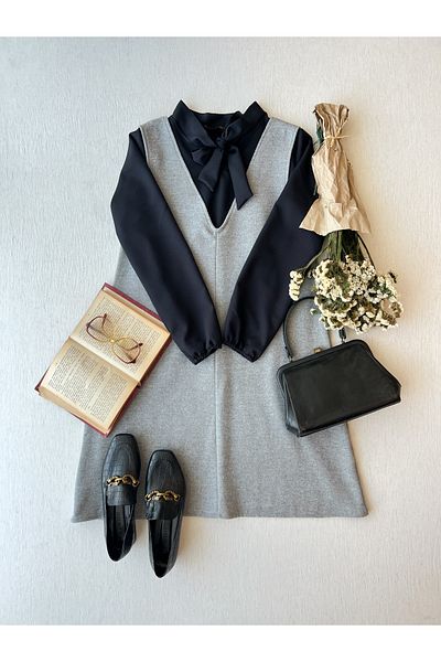 KÜÇÜĞÜM BUTİK Short Gray Stamp Winter V-Neck Gilet Dress