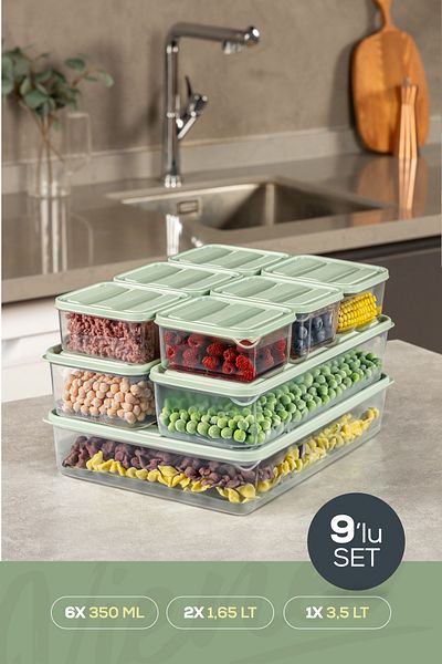 Vienev 9-Piece Refrigerator Freezer Organizer and Storage Container Mint 6X(350ml) 2X(1.65Lt) 1X(3.5Lt)