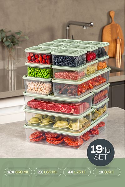 Vienev 19-Piece Refrigerator Freezer Organizer and Storage Container Mint 12X(350ml) 4X(1.75Lt) 2X(1.65Lt) 1X(3.5Lt)