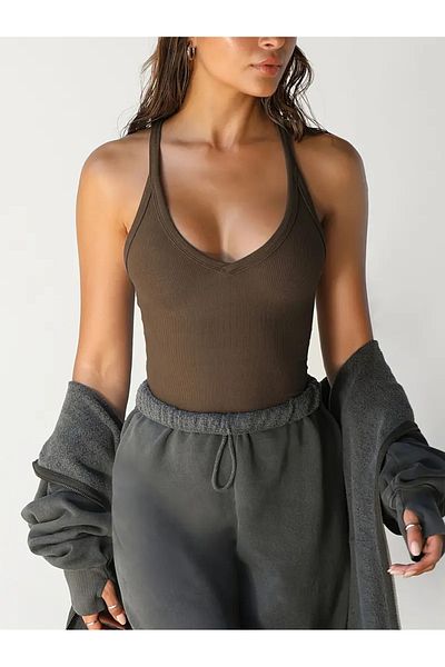 KİM Kİ O Women's V-Neck Knitted Tank Top Solid Color Slim Fit Bodysuit