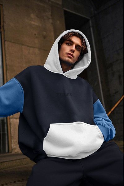 Vatkalimon Anthracite Navy Blue White Colored Hooded Hoodie Sweatshirt
