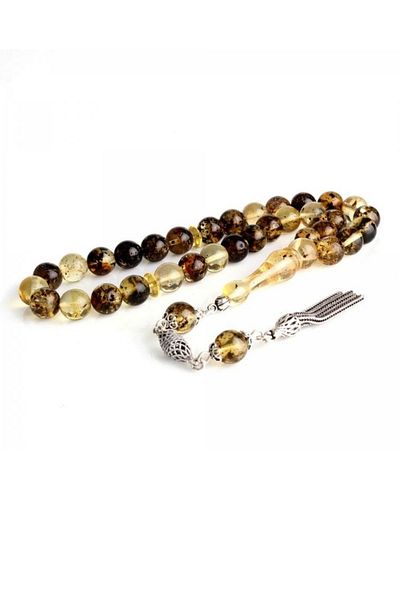 Diriliş Takı 8.5 mm Fossil Drop Amber Rosary with Silver Tassels