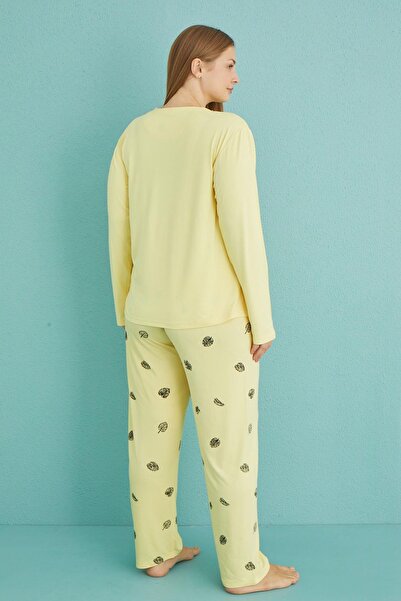Kompedan Kadın Battal Milan Bisiklet Yaka Uzun Kollu Pijama Takımı | Sarı 50802-33