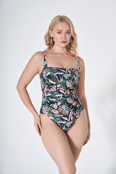 HAREM SUARE Albi Minimizer Gathering Large Size Swimsuit Green Floral Pattern