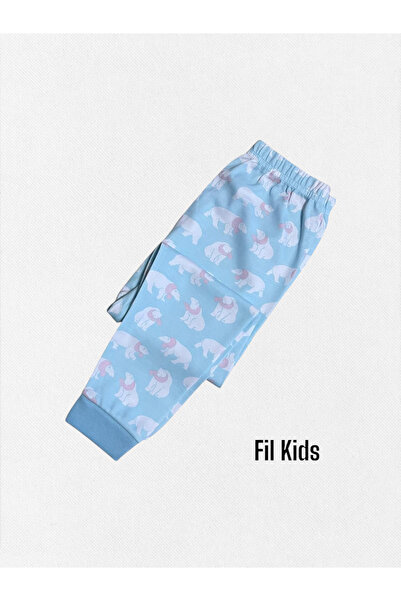 elmas kids Kız Çocuk %100 Pamuklu Açık Mavi Beyaz Ayıcık Desenli Uzun Kollu Kışlık Pijama Takımı
