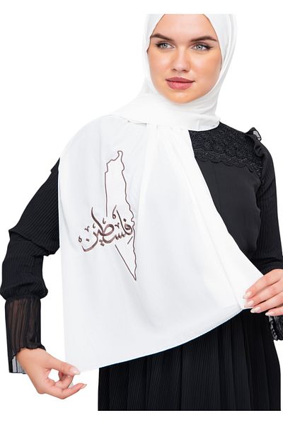 Zaytoon Brown Embroidered Polyster Shawl - Palestinian Map and Arabic Word S 100021