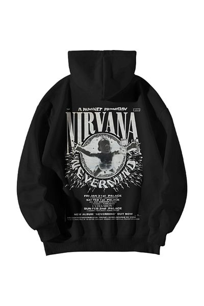 GlowUP Black Women's Men's Oversize Hooded Nirvana Never Mind Printed Sweatshirt