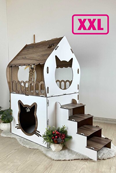 Onix Home XXL MODEL DEKORATİF AHŞAP BÜYÜK TERASLI KEDİ EVİ 5KG VE ÜZERİ KEDİL...