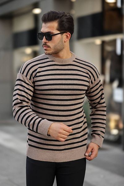 CAN Horizontal Striped Brown Crew Neck Knitwear