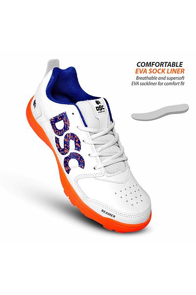 DSC Beamer Cricket Shoes | White Orange | Mens & Boys | Polyvinyl Chloride | Lightweight, Highlydurable