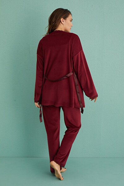 Kompedan Kadın Kadife Sabahlıklı Altı Uzun 3'lü Pijama Takımı | Bordo13402-5