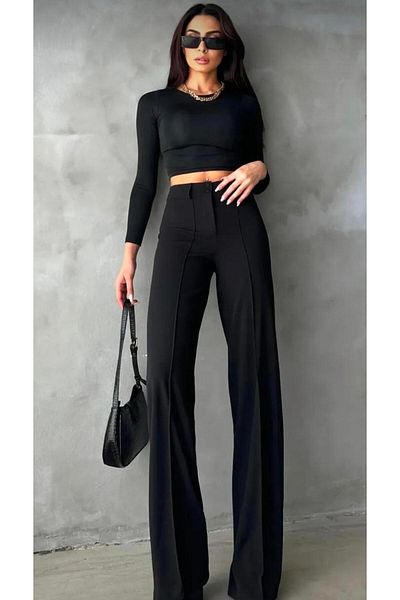 ŞULE BUTİK High Waist Full Licra with Double Button Stricked Bol Leg Pants