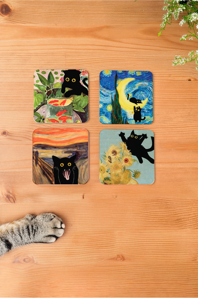 arslart طقم كوستر خشبي بتصميم ورشة عمل فنية وقطط (4 قطع - 10x10 سم)