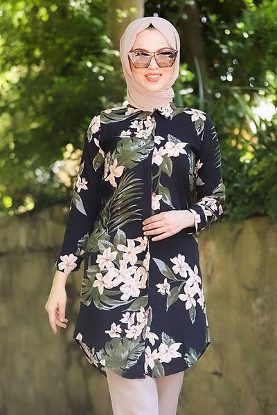 Neva Style - تونيك حجاب أسود منقوش بالزهور 10520s