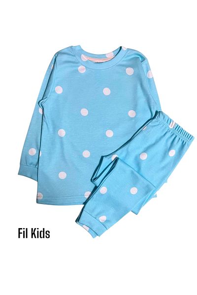 elmas kids Set de pijamale de iarnă pentru fete, 100% bumbac, albastru, alb, cu buline, cu mâneci lungi